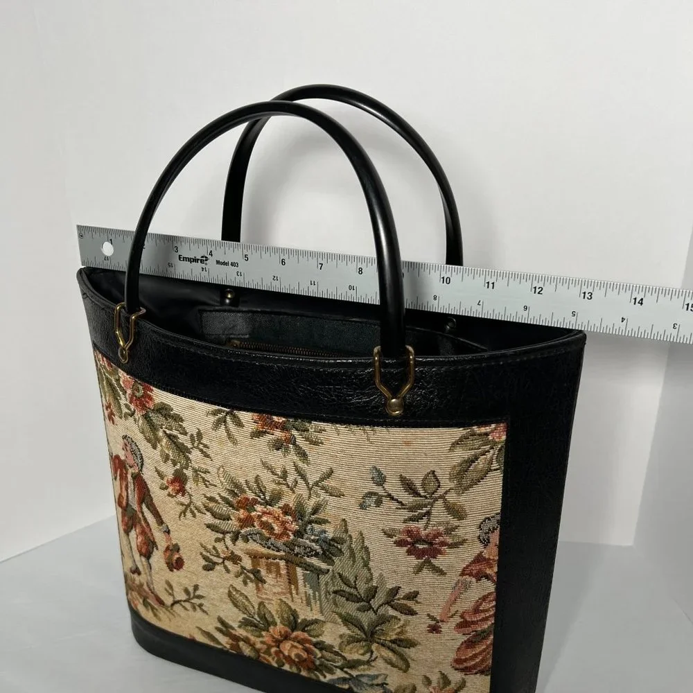 Vintage Handbag‎ Black with Tapestry Front craft bag hard side purse granny bag
